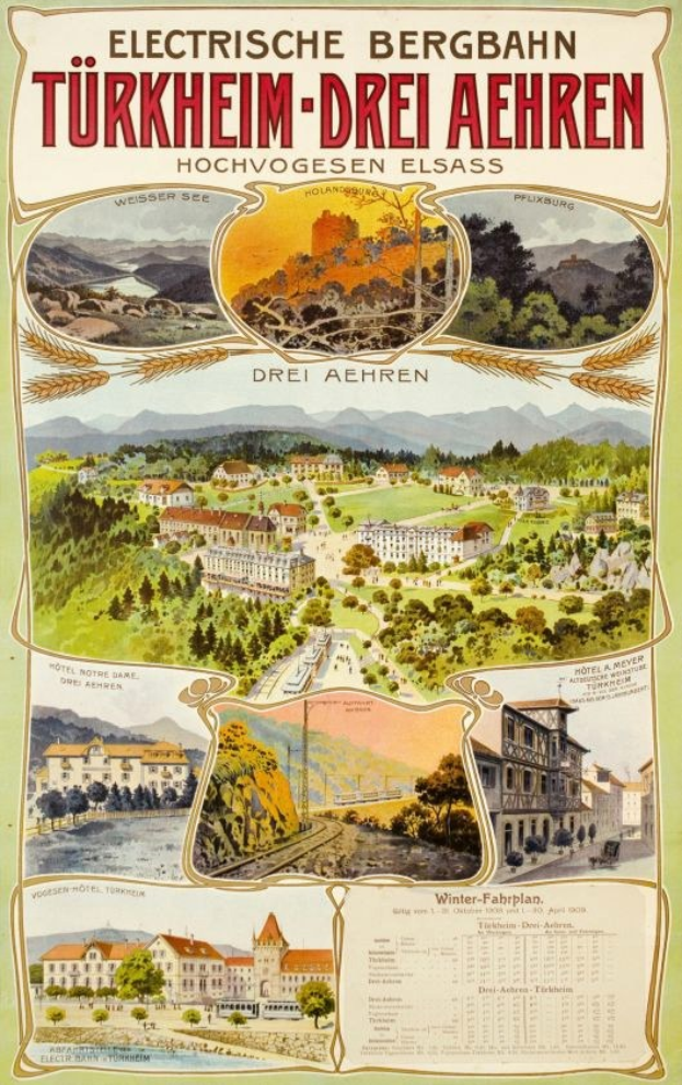 Plakat wirbt für Bergbahn, Deutschland als Elektrostadt, zeigt Gebäude, Bäume, Hügel und beschreibenden Text.