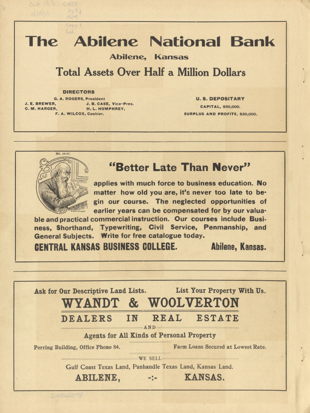 Schwarze und weiße Zeitungsanzeige für die Abilene National Bank mit einem zentralen Porträt und umgeben von Text, der die Dienstleistungen beschreibt.