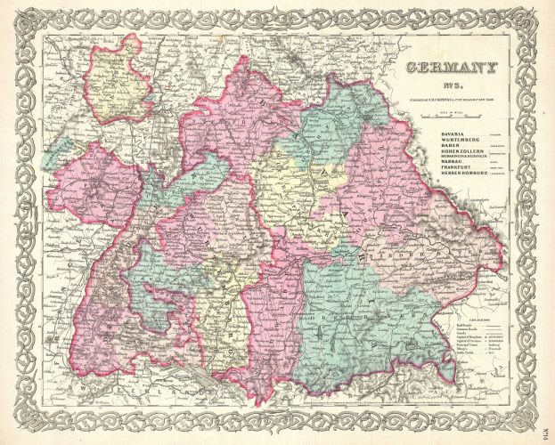 Alte Deutschlandkarte, die die Provinzen Bayern, Baden-Württemberg und Baden hervorhebt, auf Papier gedruckt mit Text zur Regionsbeschreibung.