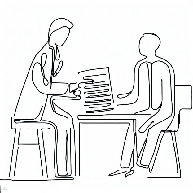 Eine durchgehende Linienzeichnung eines Arztes mit Stethoskop und Clipboard und eines Patienten, der an einem Schreibtisch mit Papieren sitzt, vor einem weißen Hintergrund.