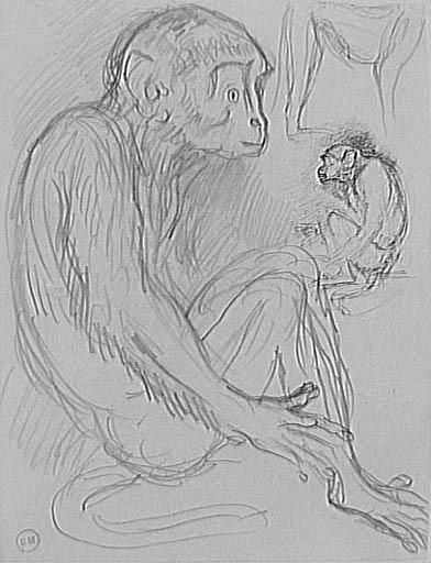 Eine Skizze eines hellbraunen Affen, der auf dem Boden sitzt und ein Baby sanft in den Armen hält, mit geschlossenen Augen und einem friedlichen Ausdruck, während das Baby mit einem zufriedenen Lächeln nach oben schaut.