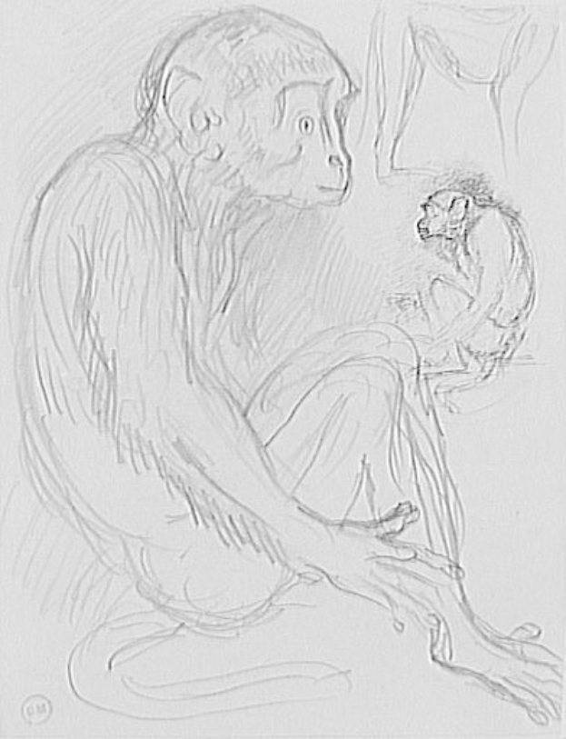 Eine Skizze eines hellbraunen Affen, der auf dem Boden sitzt und ein Baby sanft in den Armen hält, mit geschlossenen Augen und einem friedlichen Ausdruck, während das Baby mit einem zufriedenen Lächeln nach oben schaut.