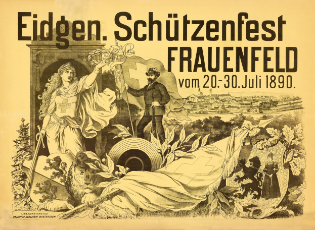 Alter Plakatentwurf für das Eidgen Schützenfest in Frauenfeld, Deutschland, der einen Mann in einem Anzug und eine Frau in einem Kleid zeigt, die nebeneinander stehen, mit Ereignisinformationen im Text.