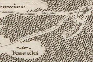 Ausführliche alte Karte der Stadt Kuczki, die Straßen, Gebäude, Sehenswürdigkeiten und Text mit zusätzlichen Informationen wie Bevölkerung und Straßen zeigt.