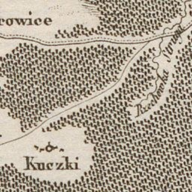 Ausführliche alte Karte der Stadt Kuczki, die Straßen, Gebäude, Sehenswürdigkeiten und Text mit zusätzlichen Informationen wie Bevölkerung und Straßen zeigt.