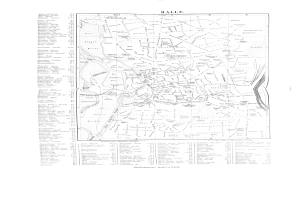 Schwarze und weiße Karte von Halle, Deutschland, zeigt detaillierte Straßennamen und Stadtlayout.