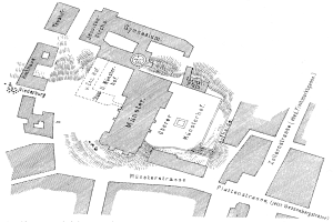 Schwarze und weiße detaillierte Karte der Münsterstrasse-Stadtplan, der Straßen, Gebäude und andere Merkmale zeigt.