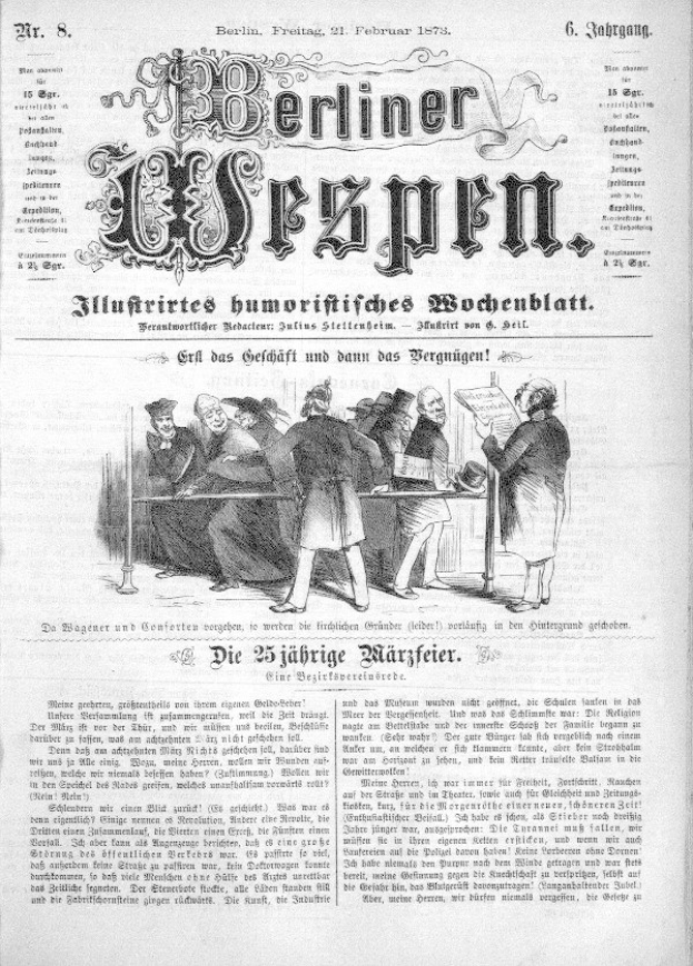 Alte deutsche Zeitung "Berliner Wespen" vom 21. Februar 1873, die eine Gruppe von Menschen in traditioneller deutscher Tracht zeigt, die sich unterhalten, mit deutscher Schrift, die wahrscheinlich das Ereignis beschreibt.