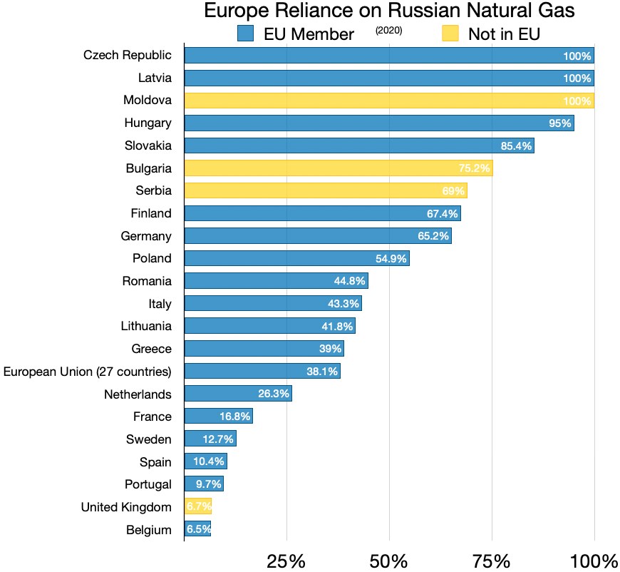 Eine Balkendiagramm, das die Abhängigkeit europäischer Länder vom russischen Erdgas zeigt, mit Prozentangaben und Texten, die das Investitionsniveau angeben.