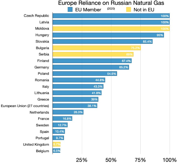 Eine Balkendiagramm, das die Abhängigkeit europäischer Länder vom russischen Erdgas zeigt, mit Prozentangaben und Texten, die das Investitionsniveau angeben.
