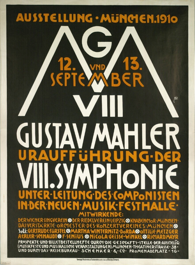 Ein Plakat für Gustav Mahlers sinfonisches Konzert in München, Deutschland, mit darauf geschriebenem Text.