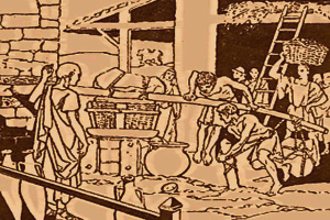 Eine Zeichnung einer Gruppe von Menschen, die in einer Fabrik arbeiten, mit einer Wand, einer Leiter, einem Korb und anderen Gegenständen im Hintergrund; unten steht der Text "Die Schmiedewerkstatt".