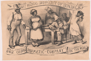 Ein Plakat mit einer Zeichnung von Menschen, die um einen Tisch versammelt sind, wobei einer in der Mitte sitzt, und dem Text "Großes musikalisches Drama aus der Knechtschaft" unten.