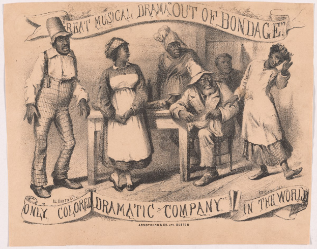 Ein Plakat mit einer Zeichnung von Menschen, die um einen Tisch versammelt sind, wobei einer in der Mitte sitzt, und dem Text "Großes musikalisches Drama aus der Knechtschaft" unten.