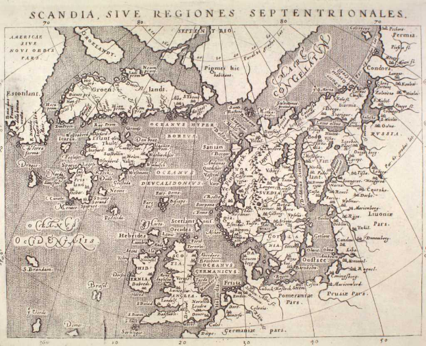 Eine alte Karte von Skandinavien mit den fünf Regionen der Ostsee deutlich sichtbar, auf Papier gedruckt mit detaillierten Texten über die Region.