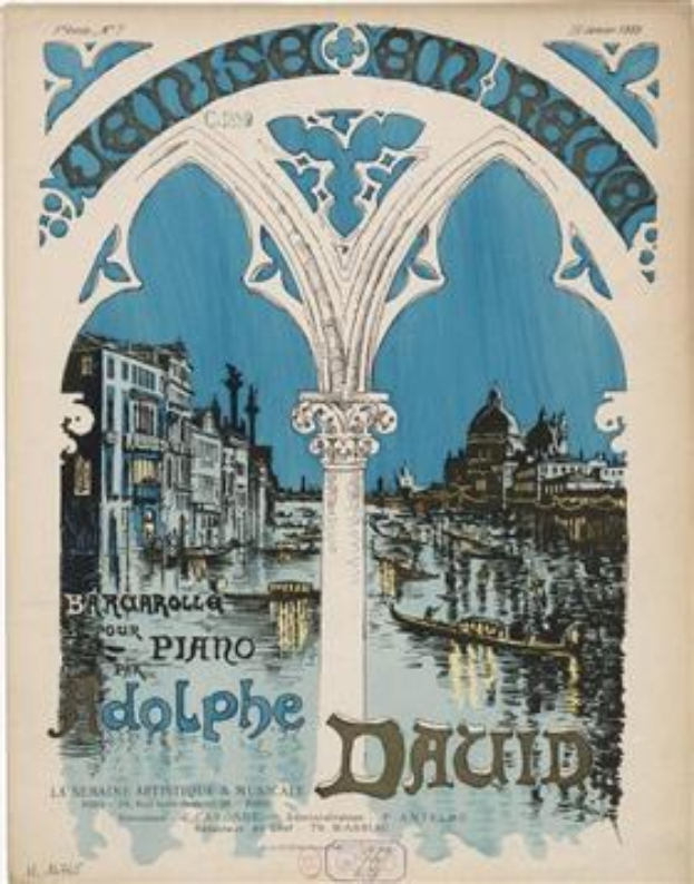 Plakat, das ein Klavierkonzert in Venedig, Italien, ankündigt, mit einer Illustration von Gebäuden, Wasser und einer Säule mit Text.