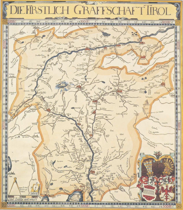 Ein detailliertes historisches Poster der ersten deutschen Grafschaft Tirol-Karte, das geographische Merkmale wie Flüsse, Berge und Städte zeigt, mit begleitendem Text über die Region und ihre Bewohner.