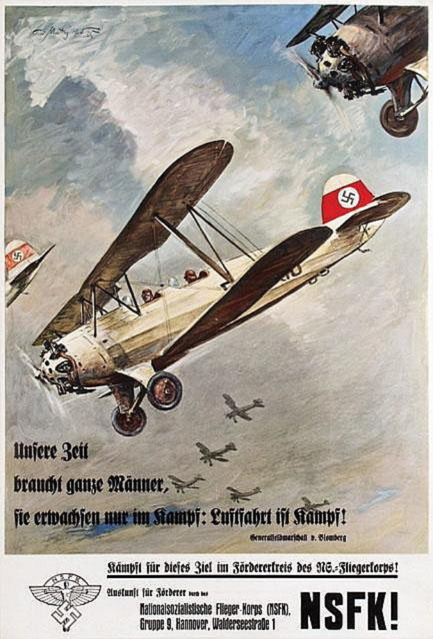 Deutsches Weltkriegs-Propagandaplakat mit mehreren Flugzeugen in der Luft und begleitendem Text.