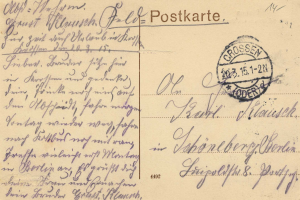 Eine alte Postkarte von Deutschland nach Deutschland vom 15-15-1912 mit handgeschriebenem Text und einer Briefmarke oben rechts.