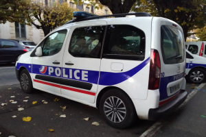 Polizeifahrzeug auf einer Stadtstraße mit Gebäuden, Bäumen und heruntergefallenen Blättern geparkt.