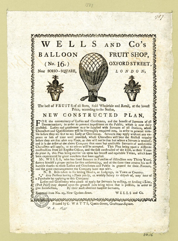 Schwarze-weiß-Anzeige für Wells and Co's Balloon Fruit Shop auf der Oxford Street in London mit Text, der das Obstangebot des Ladens beschreibt.