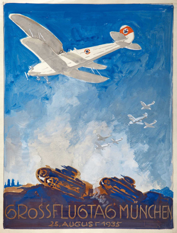 Plakat zur Ankündigung einer Luftschau in München am 25. August 1935, das ein Flugzeug zeigt, das durch den Himmel fliegt, mit anderen Flugzeugen im Hintergrund.