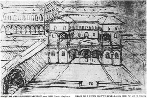 Ein detailliertes architektonisches Zeichnung eines zweistöckigen Stadtplans mit einem Gebäude mit zahlreichen Fenstern und Überbauten, begleitet von Text am unteren Rand.