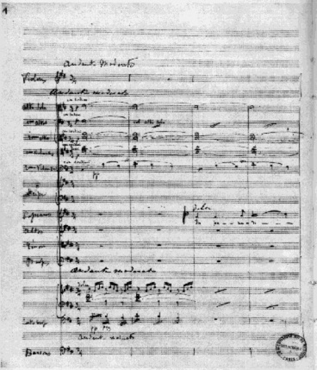 Schwarze und Weiße Notenblatt für Johann Sebastian Bachs Symphonie Nr. 4 in G-Dur, Op. 63, mit einem Stempel in der rechten unteren Ecke, der "Di-Arezzo Co UK" lautet.