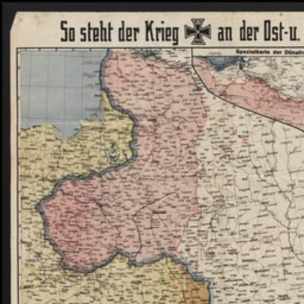 Ein gerahmtes Deutschland-Karte mit der Aufschrift "So Steht der Krieg an der Ost-U" darauf.