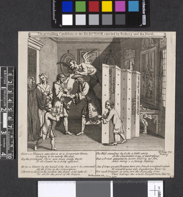 Eine Schwarz-Weiß-Radierung einer Gruppe von Menschen in einem Raum, die sich um ein zentrales Papier mit Text und Farboptionen am oberen Rand versammelt haben, symbolisiert eine korrupte Wahl.