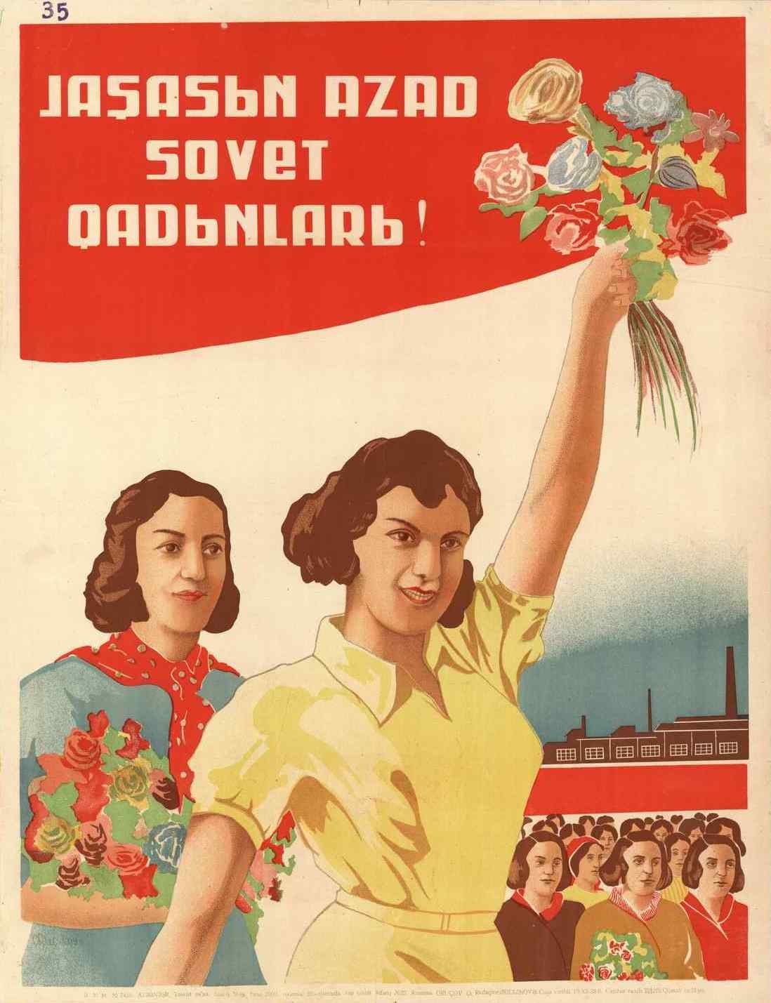 Sowjetisches Propagandaplakat zum Internationalen Frauentag, das eine Frau mit Blumen zeigt, umgeben von Menschen und einem Gebäude, mit der Aufschrift 'Frauentag'.