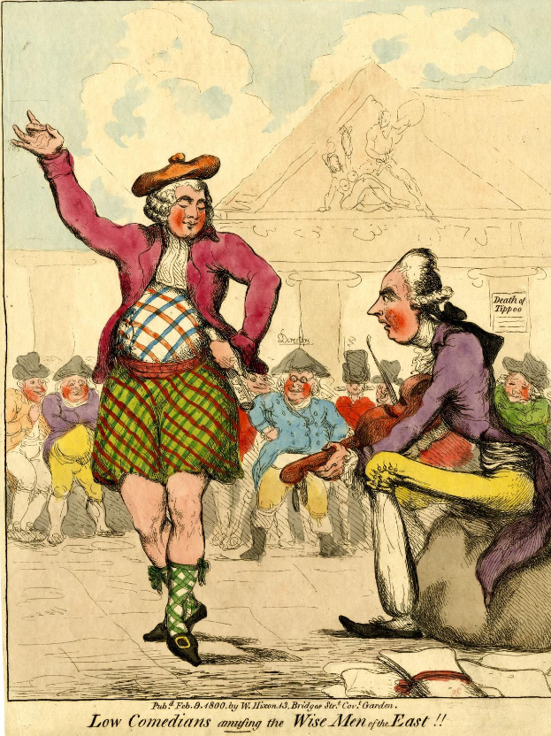 Eine Karikatur eines Mannes in einem Kilt und einer Frau in einem Kleid, die vor einem Gebäude für eine Menge auftreten, mit dem Text unten: "Low Comedians Amusing the Wise Men of the East."