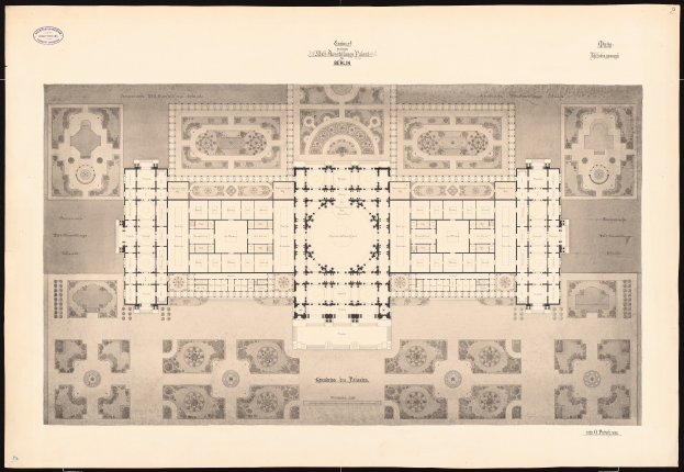 Schwarz-weißer Architekturentwurf eines großen Gebäudes mit zahlreichen beschrifteten Räumen, betitelt "Schloss Berlin", begleitet von handschriftlichen Anmerkungen.