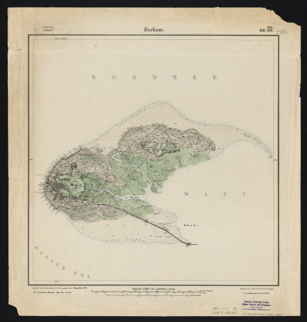 Eine alte Karte der Nordsee-Insel mit schwarzem Hintergrund, die detaillierte geographische Merkmale wie Küste, Inseln und Text zeigt, der Informationen über die Inselgröße, -form und -lage enthält.