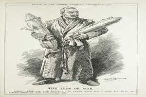 Ein altes Buch mit einer Zeichnung eines Mannes, der eine Rakete hält, mit der Aufschrift "Die Kriegsgeister" auf der Seite.