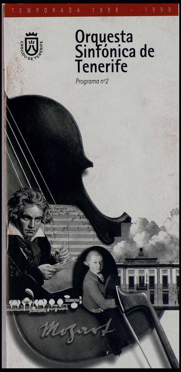 Plakat für das zweite Programm des Symphonieorchesters Teneriffa mit Mozarts Symphonie Nr. 2 D-Moll, Op. 63, mit zwei Geigerinnen vor einem Gebäude.