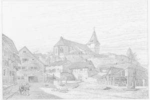 Eine Schwarz-Weiß-Zeichnung einer Straßenansicht in Heidelberg, Deutschland, mit der Kirche der Heiligen Dreifaltigkeit im Hintergrund, umgeben von Gebäuden, Menschen, Tieren, Bäumen und einem Himmel, mit Text unten, der lautet: "Die Kirche der Heiligen Dreifaltigkeit in der Altstadt von Heidelberg, Deutschland".