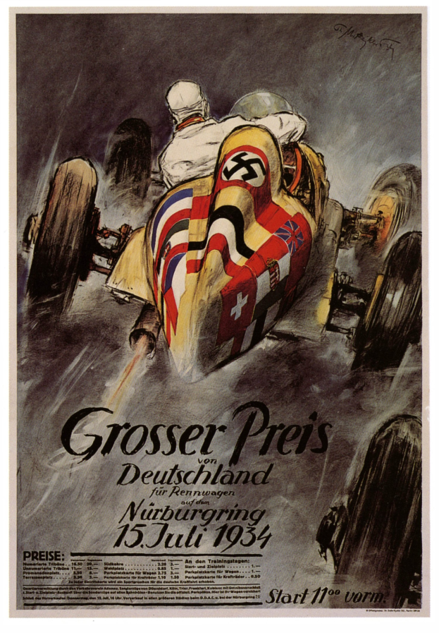 Ein Plakat, das ein Rennauto mit einer Nazi-Flagge zeigt, mit leuchtend gelben und roten Autos, einer schwarz-weißen Karosserie, einem Fahrer in einem schwarzen Helm und einem rot-weißen gestreiften Hemd, vor einem leuchtend blauen Himmel mit wei├čen Wolken.