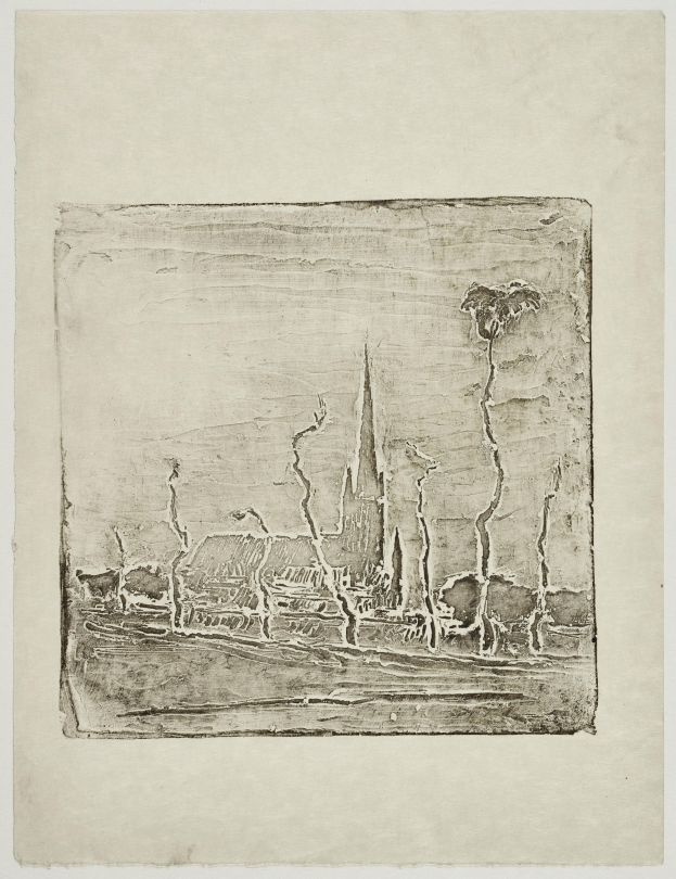 Schwarz-weiß-Zeichnung einer Stadtansicht mit einer Kirche im Hintergrund auf einem Blatt Papier.