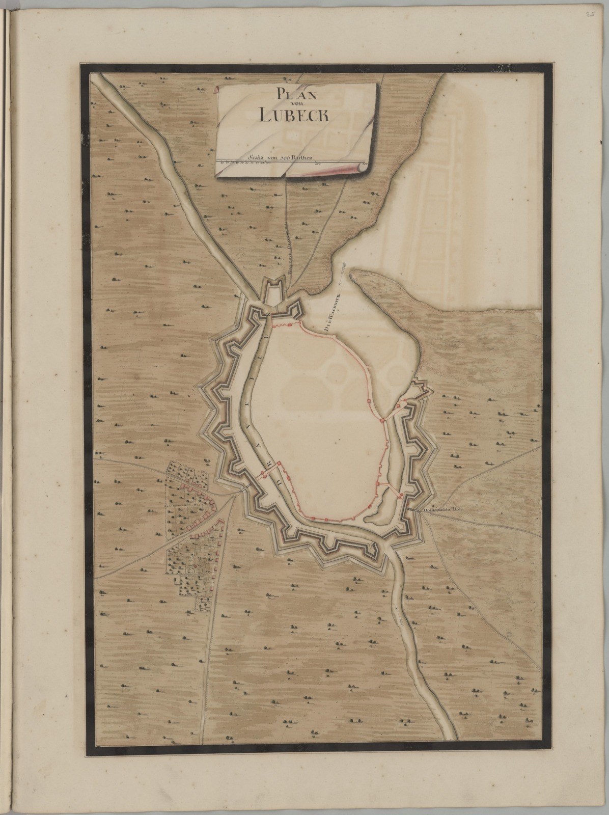Ein abgenutztes Buch mit einer detaillierten historischen Karte von Lübeck, Deutschland, mit beschrifteten Straßen, Gebäuden und Sehenswürdigkeiten sowie Text über die Bevölkerung, Geschichte und Kultur der Stadt.