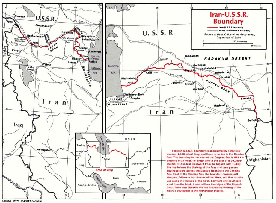 Detailierte Kartenvorlage der iranisch-sowjetischen Grenze, zeigt geografische Merkmale und Landesgrenzen mit erklärendem Text.