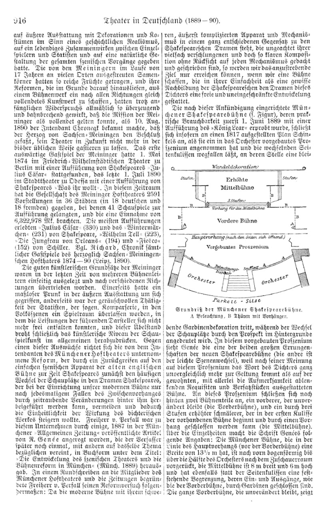 Eine Buchseite zeigt eine Zeichnung eines Mannes im Anzug mit ernstem Gesichtsausdruck, Text 'Theater in Deutscherland' und eine Theaterdiagramm im Hintergrund.