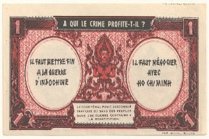 Alte französische Banknote mit ernstem Mann in Anzug und Text "A qui le crime profite-il?" auf weißem Hintergrund mit schwarzem Rand.