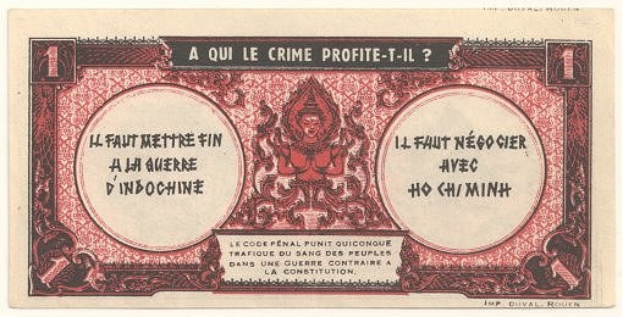 Alte französische Banknote mit ernstem Mann in Anzug und Text "A qui le crime profite-il?" auf weißem Hintergrund mit schwarzem Rand.