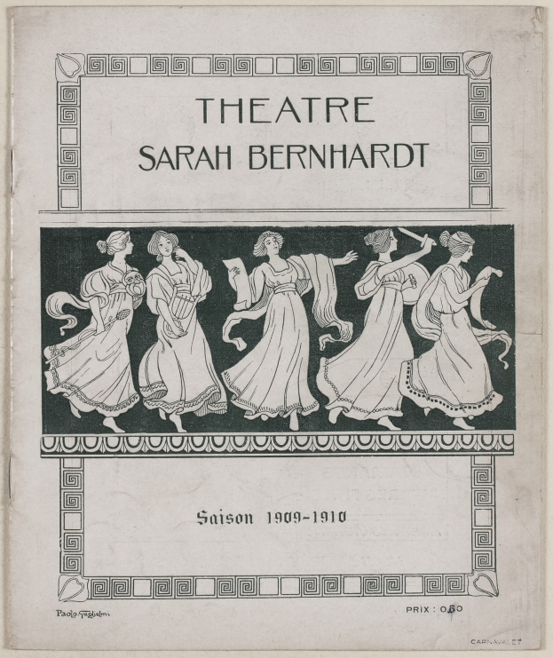Plakat für das Theater Sarah Bernhardt von 1909-1910, das eine Gruppe von Frauen in der Mitte zeigt und Text, der das Theater und seine Darsteller beschreibt.