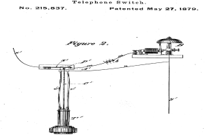 Eine Patentzeichnung eines Telefonvermittlungsschalters mit einem Pfahl und daran befestigten Drähten, beschriftet mit 'Patent 215,837 - Telefonvermittlungsschalter'.