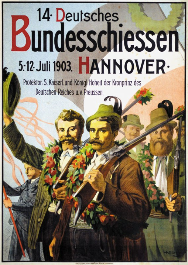 Deutsches Weltkriegs-Propagandaplakat mit einer Gruppe von Menschen in Girlanden mit Gewehren, mit Text oben und unten.