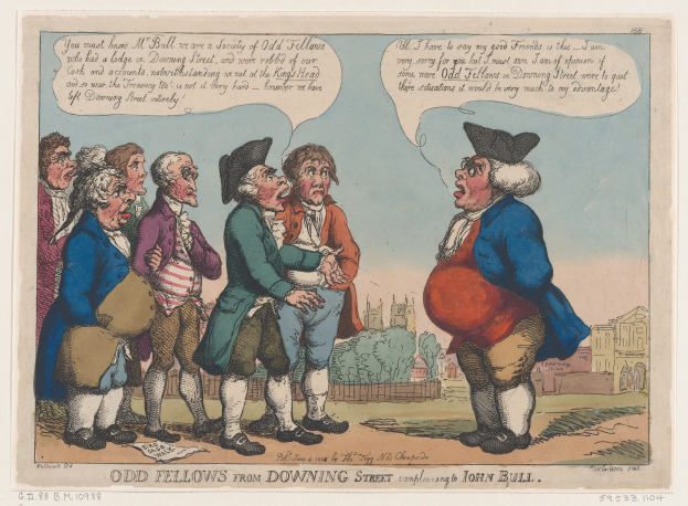 Cartoon auf Papier, das eine Gruppe von Menschen vor einem Gebäude, Bäumen und Himmel zeigt, mit Text unten, der "odd fellows from downing street complaining to John Bull" lautet.