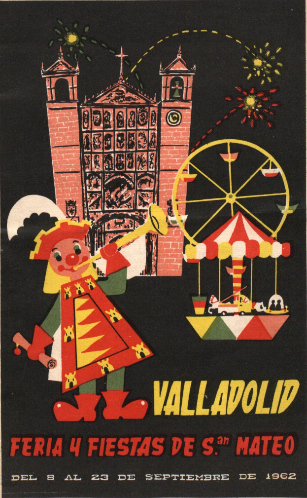 Buntes Karnevalplakat in Valladolid, Spanien, mit einem Gebäude, Riesenrad, Spielzeug und Text mit festlicher Gestaltung.