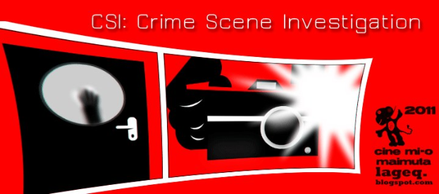 Ein rotes Plakat mit "CSI Crime Scene Investigation" in fetter weißer Schrift, das eine Person in einer schwarzen Kapuzenjacke mit entschlossener Miene zeigt, umgeben von einem schwarzen und weißen Rahmen, vor einem dunklen blauen Hintergrund.